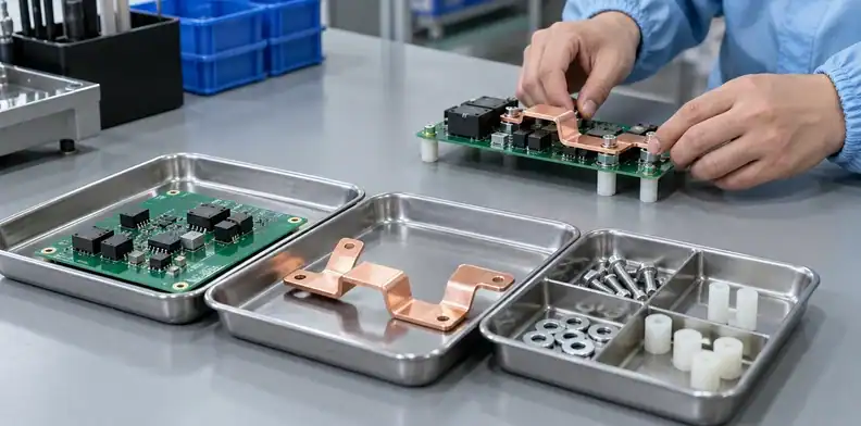 Separate circuit boards, formed busbars and hardware occupy divided trays on an engineering bench.