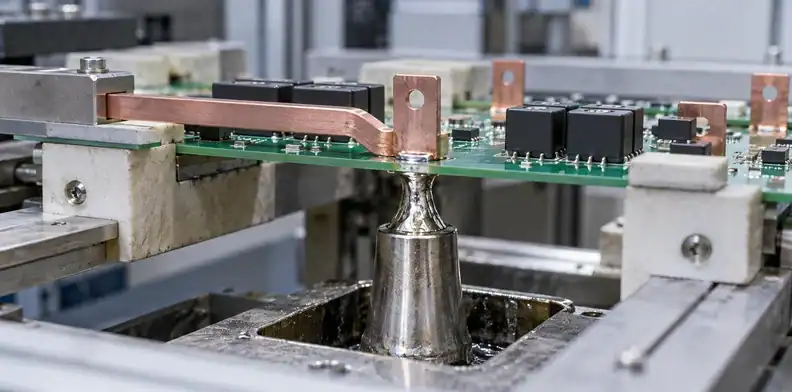 A soldering nozzle sits below a busbar tab while a fixture supports the circuit board.