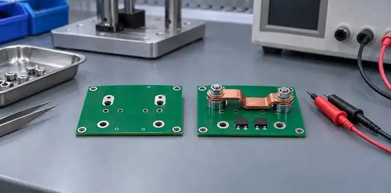 A bare circuit board sits beside a second board with an installed busbar and mounting hardware.