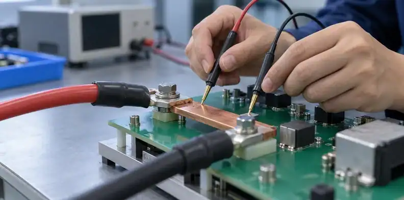 Two small probe tips contact an exposed copper busbar on a supported circuit board.