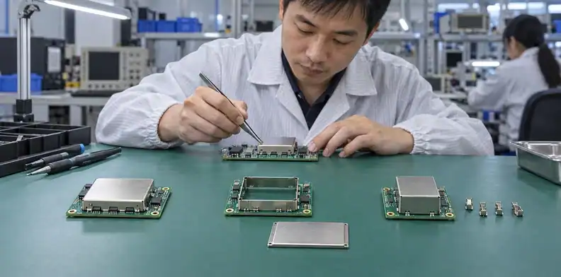 A one-piece cover, an open frame with lid and a clip-mounted cover are arranged beside a board.