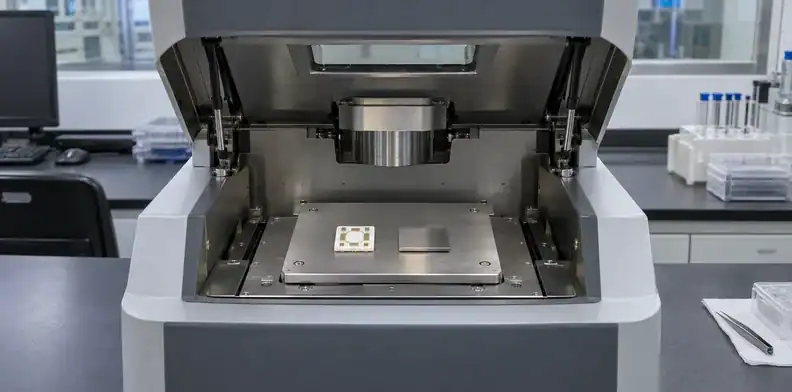 A ceramic coupon and metal coupon sit inside an open coating-measurement chamber.