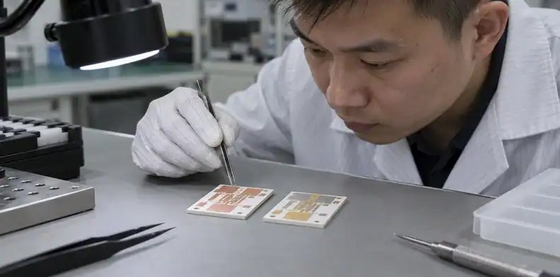 An engineer compares copper-colored and gold-colored conductor patterns on white ceramic coupons.