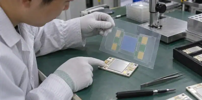An engineer compares a colored region overlay with exposed lands on a ceramic circuit.