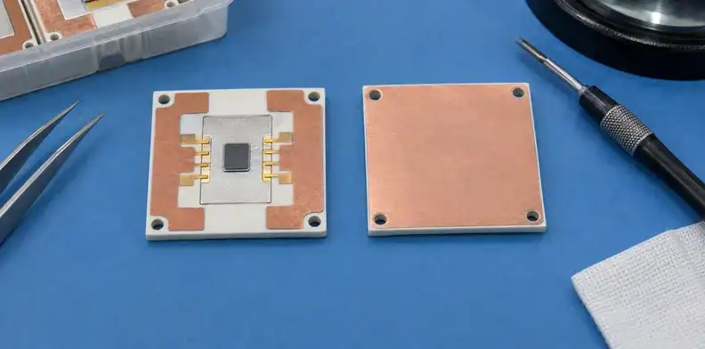 Front-side die and bond lands sit beside a copper-colored backside on two ceramic substrates.