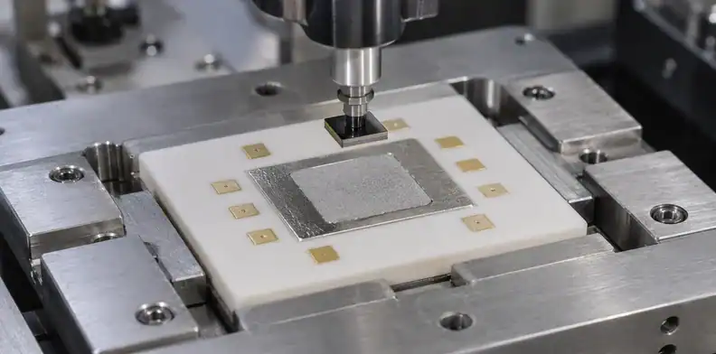 A vacuum tool holds a dark die near a thin gray paste print on a silver-colored ceramic land.