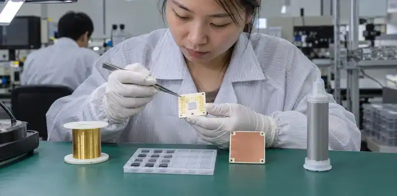 An engineer reviews a ceramic circuit beside a copper-backed sample, die tray, wire spool and paste cartridge.