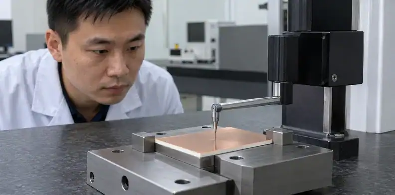 A surface probe contacts a copper-colored ceramic coupon held on a metal support fixture.