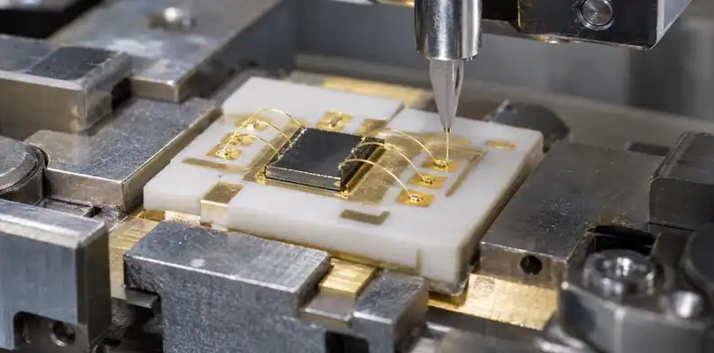 A bonding tool sits above fine gold-colored wires connecting a dark die and ceramic lands.
