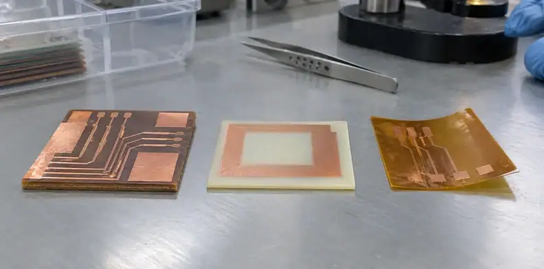 Three circuit coupons show different copper surfaces and patterned features.