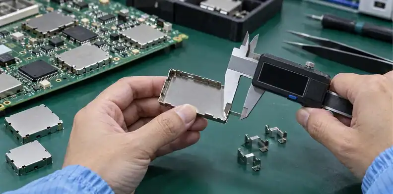 A caliper and small metal clip are arranged beside the wall of a removable shield can.