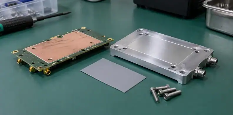 A board backside, thin interface preform and machined cold plate are laid out for contact review.