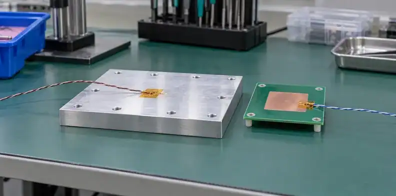 Fine thermocouple wires mark the PCB and cold-plate surfaces used to define the thermal budget.