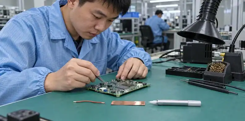 Wire, copper foil and conductive ink are compared at a repair bench.