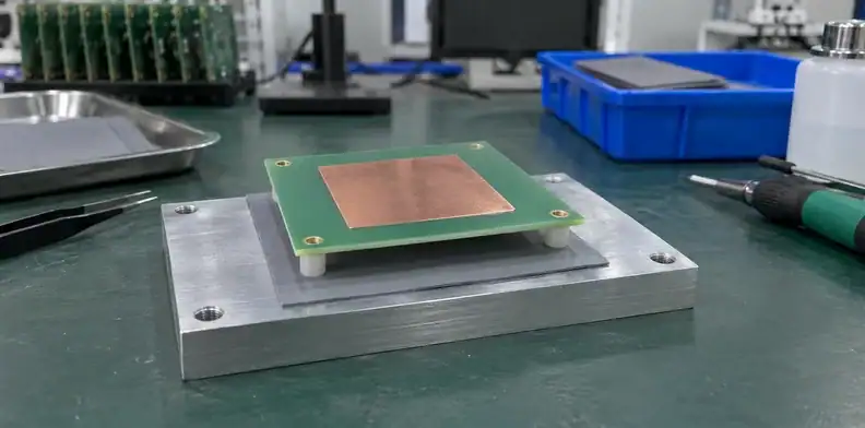A copper-insert coupon, extended insulating sheet and aluminum cold plate expose the separate interface layers.
