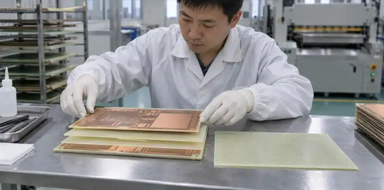A technician arranges cured copper cores and thin bonding plies on a layup bench.