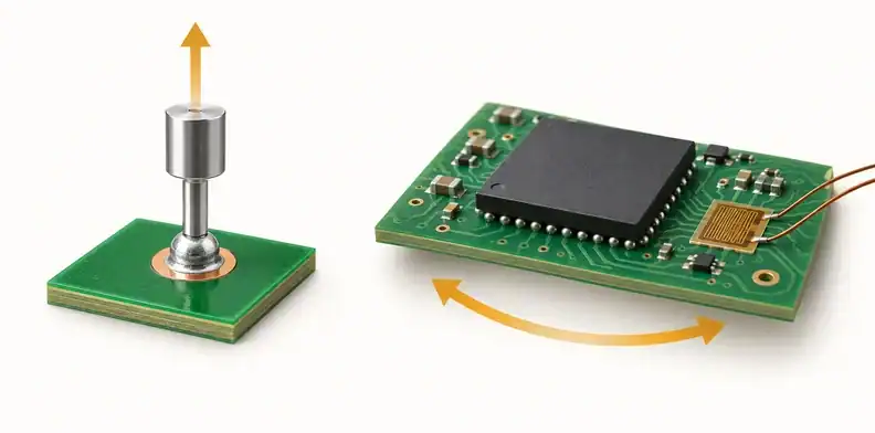 Illustration of controlled land loading beside a populated board with a strain gauge