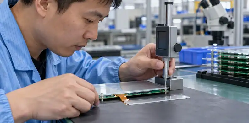 A plain cover and board edge are positioned beside a fine mechanical inspection gauge.