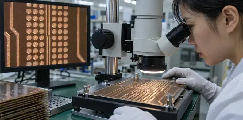 An engineer inspects fine copper routes between component lands.