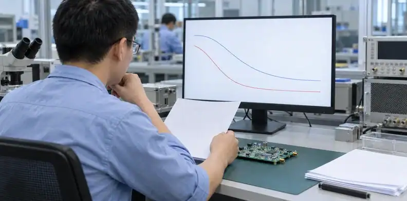 A Chinese engineer compares dielectric reference information beside an RF circuit sample.