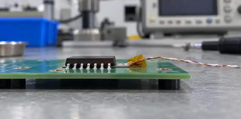 A fine thermocouple is attached beside the drain-land joint on an unpowered profiling specimen.