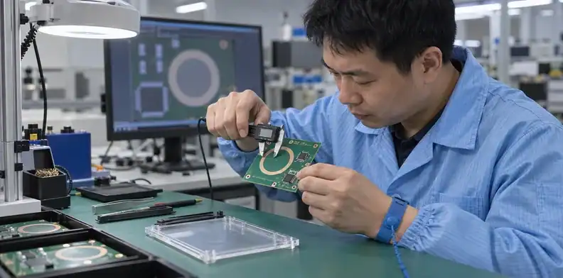 A technician uses a caliper to inspect a bare electrode board beside a blurred engineering screen.