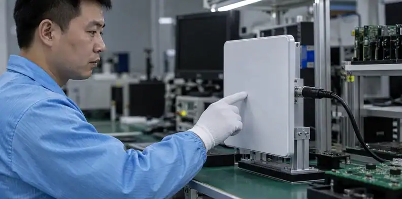A gloved finger approaches a completed upright control panel connected to a test cable.