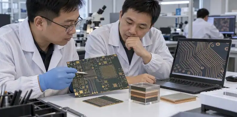 Two engineers review a board, a routing crop and a polished sample before quotation.