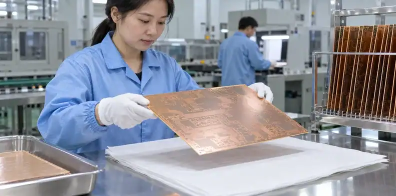 Gloved hands support an etched core above a clean protective slip sheet.
