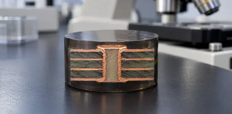 Illustrative resin-mounted cross-section with a filled plated hole and copper layers.