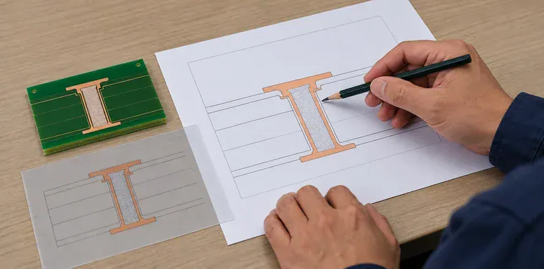 Engineer reviewing an unlabeled filled-hole drawing beside a PCB coupon.