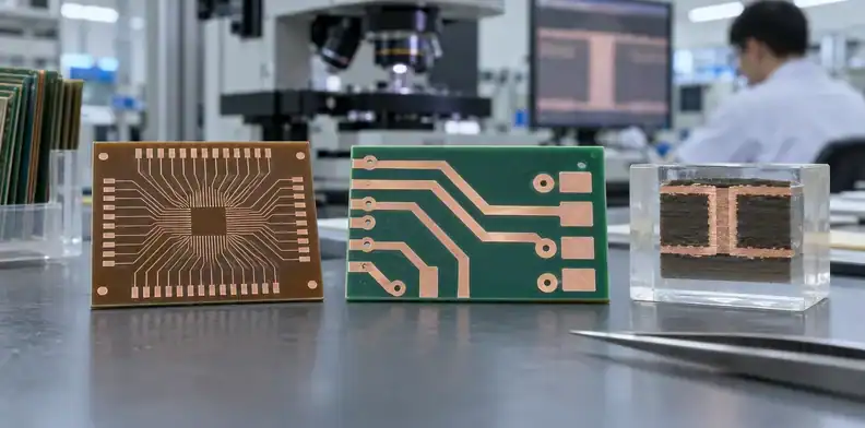 A fine-line coupon, a conventional circuit sample and a polished section support an mSAP PCB process review.