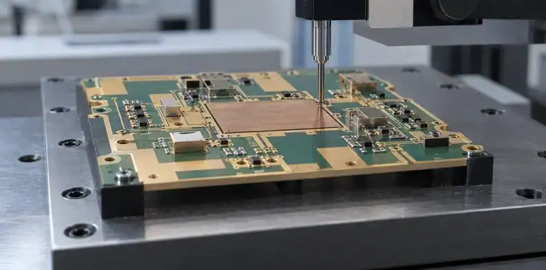 A height inspection probe compares the copper insert face with nearby package lands.