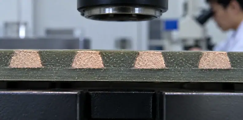 Polished conductor sections show distinct top widths, base widths and gaps.