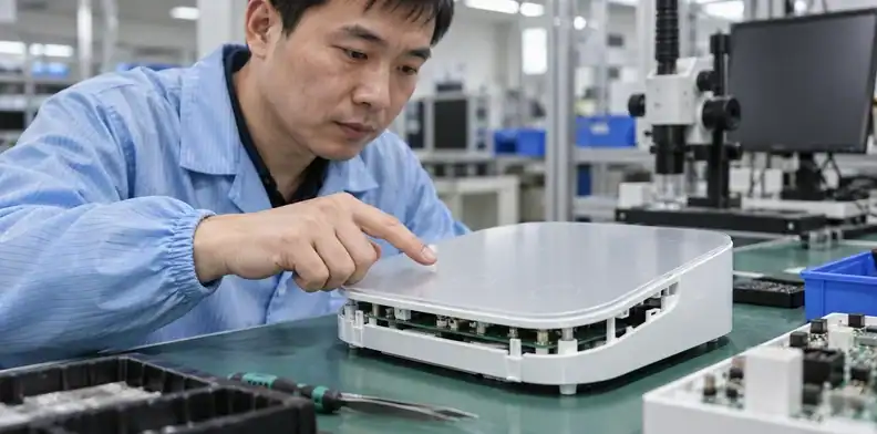 A finger approaches a plain cover panel above a small control-board assembly.