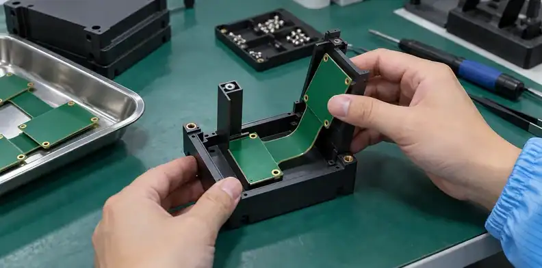 Both rigid circuit regions are supported at the installed housing angle.