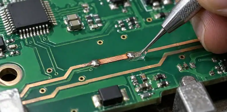 A low-profile foil bridge connects intact copper beside the damaged segment.