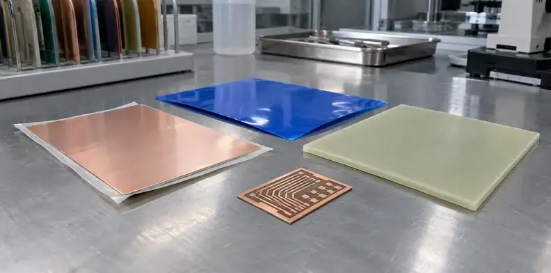 Copper foil, resist, dielectric and a circuit coupon form a material comparison set.