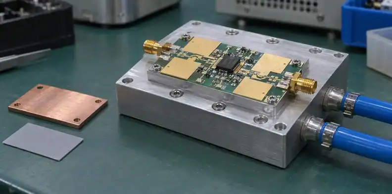 An RF amplifier board rests on a machined cold plate beside a copper insert sample.