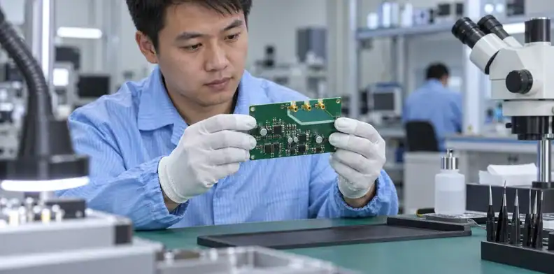 An adult technician holds an analog board by its edges above a clean ESD bench.