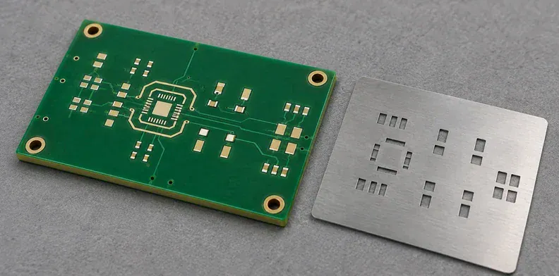 An unpopulated analog board with separated copper features lies beside a small stencil sample.