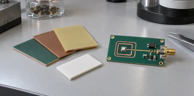 PCB laminate samples and an analog board rest on a clean review bench.
