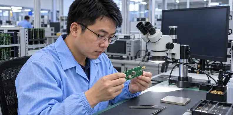 An engineer examines a compact analog board beside a microscope and a dark screen.