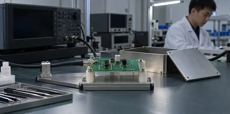 A shielded cable connects an analog board mounted in a small measurement fixture.