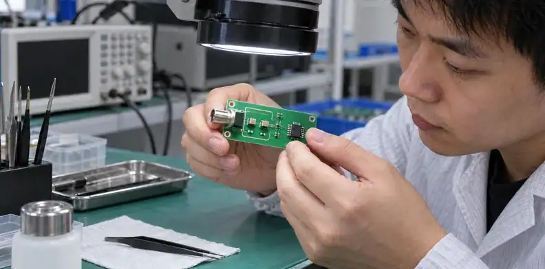 A precision analog board has a narrow exposed copper outline around its input region.