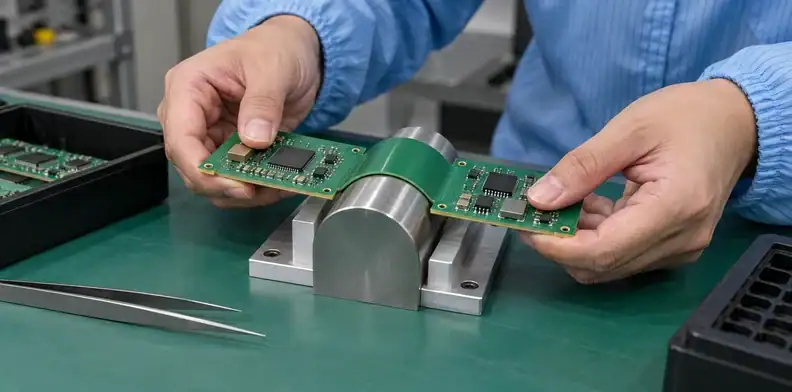 A forming fixture guides the installation curve between supported rigid regions.