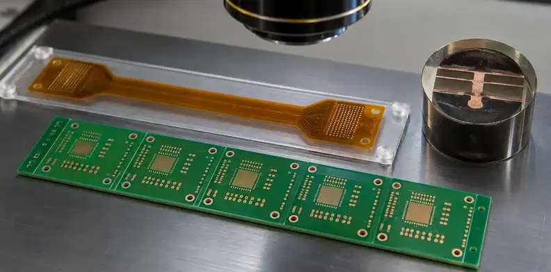 A coupon panel and polished sample mount are prepared for buried-connection inspection.