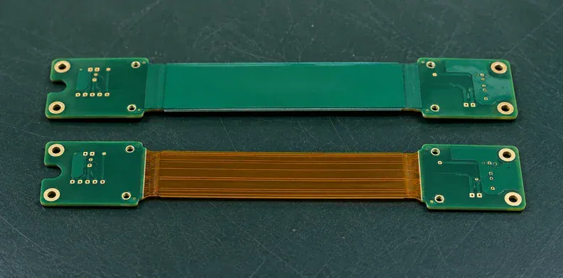 Two PCB construction samples compare a rigid protective face with an exposed amber flex core.