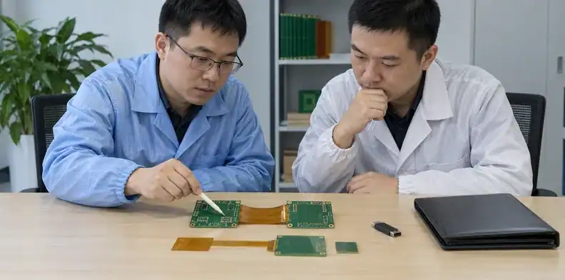 Engineers review rigid-flex samples beside a closed folder and a storage drive.