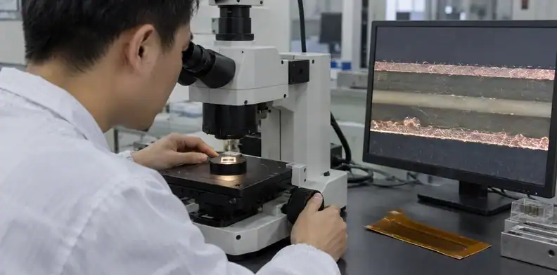 A polished PCB coupon is positioned for microscope review of local copper and dielectric layers.
